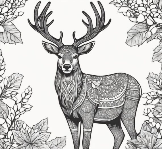 Christmas Reindeer with Holly Coloring Pages